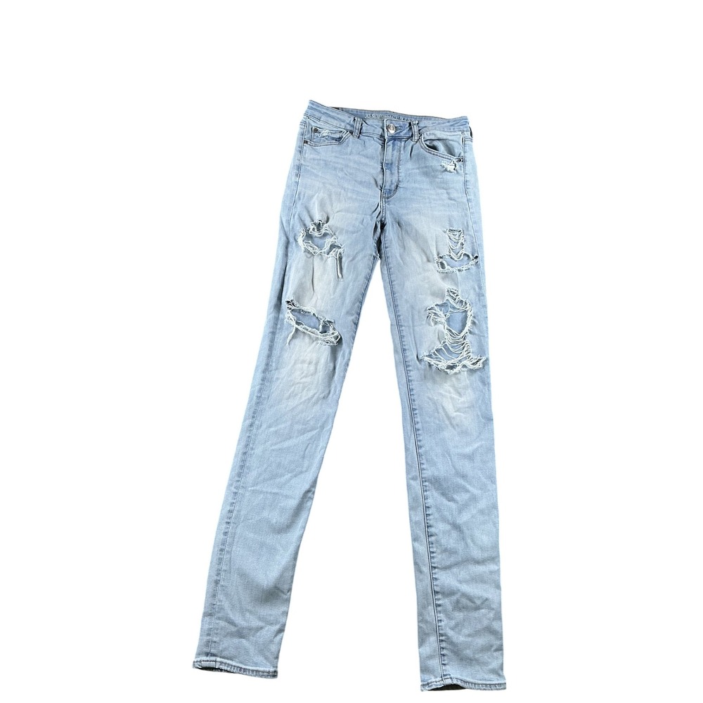 American Eagle Super Stretch Skinny Jeans Light Wash Distressed Size 8 X Long